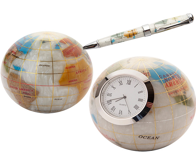 Unbranded Gemstone Globe Paperweight Clock and Pen White