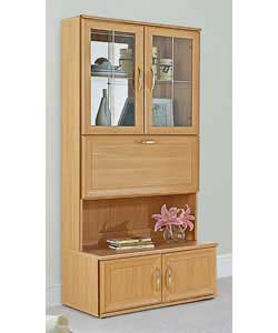 Beech effect display unit with mirrored back panel.2 glass doors with metal handles.1 adjustable