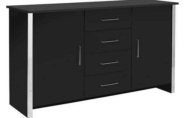Both stylish and contemporary. the black Genova sideboard features sleek. sturdy surfaces and shiny. chrome effect edges giving a bold finish to a modern home. Providing ample storage with two spacious cupboards and four drawers on easy glide runners