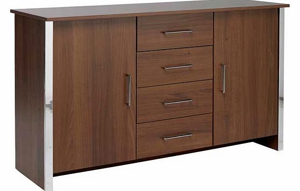 Both stylish and contemporary. the walnut effect Genova sideboard features sleek. sturdy surfaces and shiny. chrome effect edges giving a bold finish to a modern home. Providing ample storage with two spacious cupboards and four drawers on easy glide
