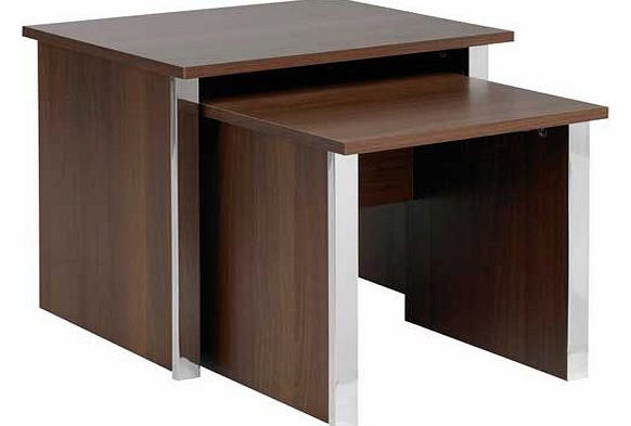 Both stylish and contemporary. the walnut effect Genova nest of tables features sleek. sturdy surfaces and shiny. chrome effect edges giving a bold finish to a modern home. These tables are a great solution if you are pushed for space as they will co