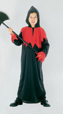 A ghoulish ghoul outfit. A long balck hooded robe with flame effect across the shoulders and matchin