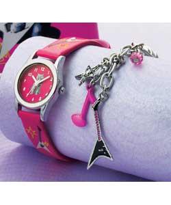Hot pink strap watch with matching purse and charm key fob
