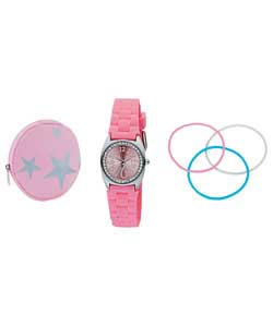 Unbranded Girls Pink Rubber Strap Watch Gift Set