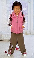 Set contains padded gilet, long sleeve top with flower embroidery and trousers. Cotton