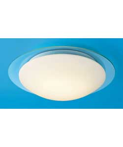 White painted steel base with opal glass shade.Requires wiring.IP44 rating.Suitable for bathroom use