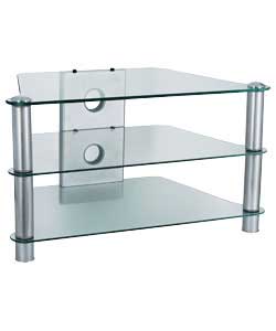 Suitable for TVs up to 28in, CRT/42in Plasma-LCD. Made of glass, metal and MDF. 3 glass shelves