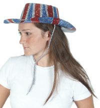 Party hearty in this patriotic glitter cowboy hat decorated with the Union Jack