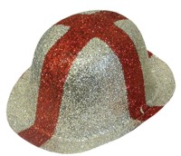 Plastic glitter covered bowler hat with a red cross on it. Wear this for supporting England at any