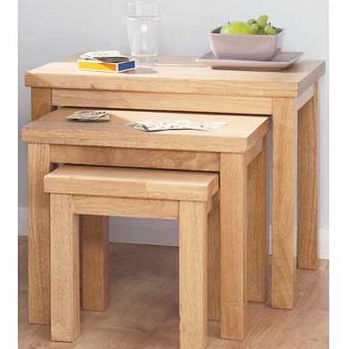 These modern looking tables are solid wood with a natural finish. Enjoy a range of sizes. perfect for different uses. The space-saving nest design is both practical and stylish in your home. Part of the Gloucester collection. Collect in store today. 