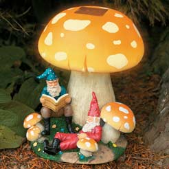 Gnomes Solar Toadstool - Solar powered toadstool decorated with reading gnomes. Made from durable