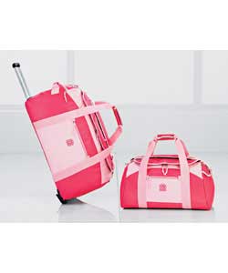 Pink. Polyester. 1 external pocket. 2 wheels on roller holdall. 1 carry handle on each holdall. 27in