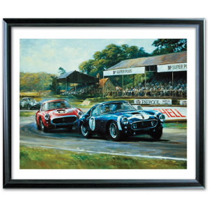 This `Goodwood Victory` fine art print is signed by Stirling Moss. This painting captures Sir Stirli