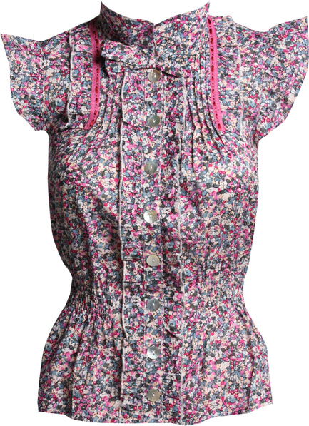 Short sleeve ditsy floral print blouse with shell buttons and bow tie. Length 60cm 100 Cotton.