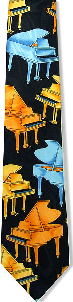 A great tie for music enthusiasts with orange and blue grand pianos all over on a black textured bac