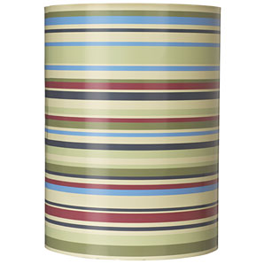 This fun cylindrical lampshade has horizontal stripes of varying widths in a number of shades of