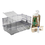 Comprises a metal and plastic cage, water bottle and bedding. Suitable for guinea pigs and small rab
