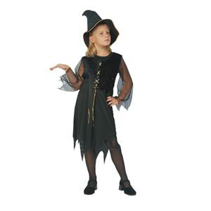 Gypsy witch costume. Costume includes black shaped dress with drawstring across bodice and matching 