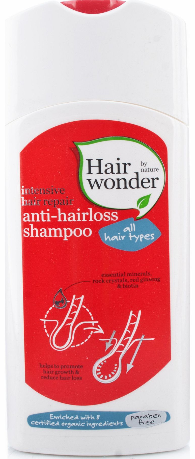 Hair Wonder Anti-Hairloss Shampoo improves strength and condition with intensive hair repair formula. This shampoo helps to reduce hair loss and promote hair growth creating volume, thickness and texture. Enriched with 8 certified organic ingredients