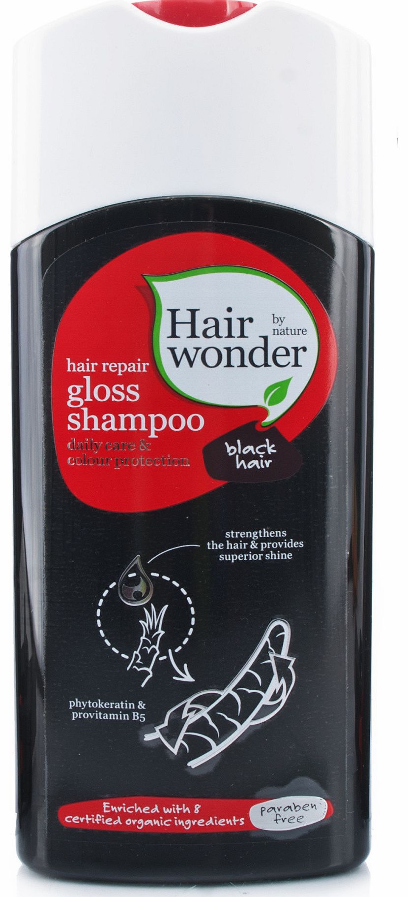 Hair Wonder Gloss Shampoo Black Hairhas been specially developed to protect and care for black hair. This is a mild cleansing shampoo which strengthens, conditions and hydrates hair. Enriched with 8 certified organic ingredients providing long term c