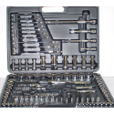 Contains 1/4 , 3/8  and 1/2  drive sockets covering: 5/32  - 1-1/4  and 4mm - 32mm Metric