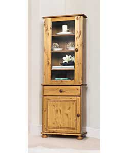 Old English stain finish.Base unit - 1 door and 1 drawer.Top unit - 4 shelves behind glass