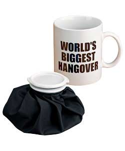 A giant mug for the WORLDS BIGGEST HANGOVER. Tucked inside the giant mug is a black ice bag that