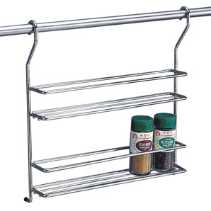 Hanging spice rack shelf, connected to a rail for simple fixing. With 2 shelves theres enough room