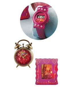 LCD watch, alarm clock and photo frame gift set.Supplied in a handy carry pack.Purple and gold.Plast