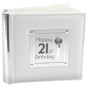 This wonderful silver plated and white leather Happy 21st Birthday Key Photo Album makes a beautiful