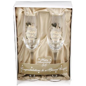 This pair of Happy 50th Anniversary Champagne Glasses make an ideal gift for a very special couple c