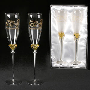 These Happy 50th Anniversary Silver Stem Champagne Glasses are a wonderful unusual pair of champagne