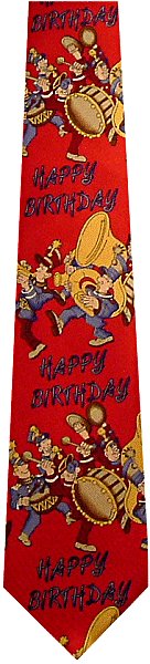 A colourful red tie with a brass band marching below the text Happy Birthday