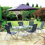 This 9-piece garden set comprises 6 high back multi positional folding chairs, rectangular table