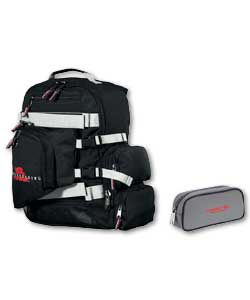 2 zipped compartments. 2 side mesh pockets. Front multi-media compartment. Phone pocket. Padded
