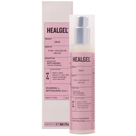 HealGel Face HealGel Face is an exceptional anti-ageing formula designed to smooth, firm and replenish to give instantly plumper, revitalised looking skin. This step-changing complex will rescue unhappy skin, but then takes its transformative effect 