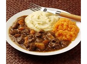 Tender pieces of beef cooked with onion, carrot, swede, chestnut mushrooms, turnip and celery. Served with both mustard mashed potato and carrot and swede mash.