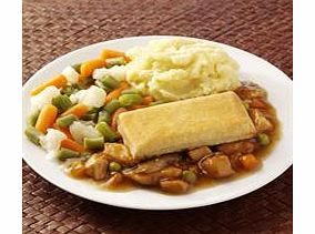 A warm and comforting pie with tender pieces of chicken cooked in a vegetable gravy and topped with shortcrust pastry. Served with mashed potato, cauliflower, carrots and green beans.
