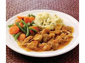 A delicious casserole made from tender pieces of chicken cooked with chestnut mushrooms and root vegetables. Served with spring onion mash, sliced carrots and green beans.