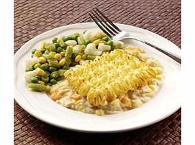 A delicious pie made with smoked haddock, salmon and white fish in a cheesy sauce and topped with golden mashed potato. Served with a mix of peas, green beans, cauliflower and sweetcorn.