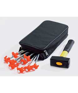 Supplied with600D polyester carry bag containing 10 steel screw pegs and lump hammer, with
