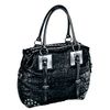 Elegant synthetic material, crocodile embossed. Studs and sparkling rhinestones on the front. Lined,