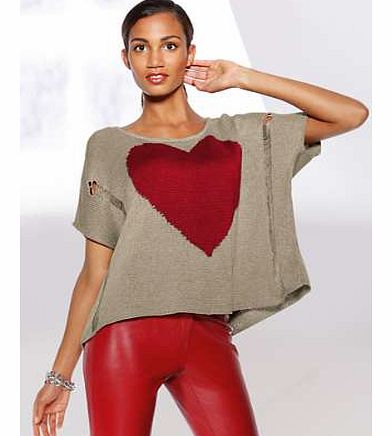 Over-sized jumper with heart motif on the front and open knit stripe down each side. A playful top to support any casual look. Team with jeans and casual trainers or pumps for a trendy look. Heine Jumper Features: Washable 100% Acrylic Length approx.
