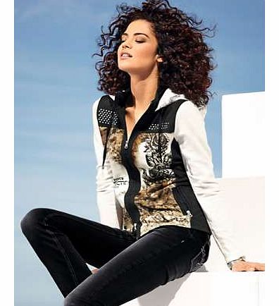 This relaxed hoody is a must have within your off-duty wardrobe. With a unique print on the front and hood, stand-up collar, 2-way zip fastening, 2 zip pockets and stud detail at the neckline. The back is plain black. Add leggings or jeans for a grea