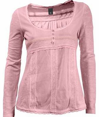 Modern look Cotton top with short button placket coming in a beautiful soft jersey, mixed with finely textured woven with delicate lace and button detail. Heine Top Features: Washable 100% Cotton Length approx. 60 cm (24 ins)