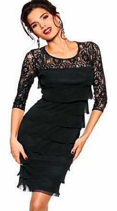Pretty, chiffon layered dress with intricate lace sleeves and neckline, front and back. With a concealed back zip fastening and three-quarter length sleeves. Heine Dress Features: Lined design Washable 54% Polyamide, 46% Viscose Lace: 100% Polyester 