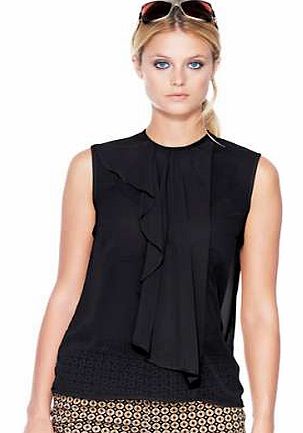 Elegant blouse with a classic front ruffle detail in a lovely sleeveless design. Looks fabulous worn with trousers or a skirt. Looks just as gorgeous worn alone or worn with a blazer in cooler weather. Heine Blouse Features: Washable 100% Polyester L