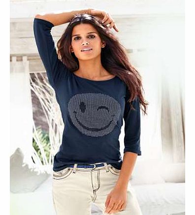 Playful long sleeve jersey top with cheeky winking smiling face in rhinestones. Heine Top Features: Washable 100% Cotton Length approx. 64 cm (25 ins)