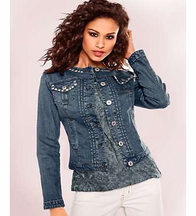 Collarless denim jacket with stud decoration on the pockets and neckline. With long sleeves and pleat detail on the front. Heine Jacket Features: Washable 98% Cotton, 2% Elastane Length approx. 50 cm (20 ins)