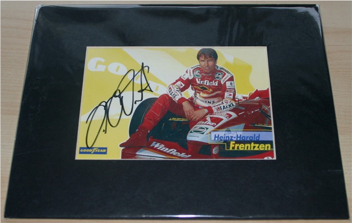 Promotional card for Heinz-Harold Frentzen which has been signed in black pen and professionally